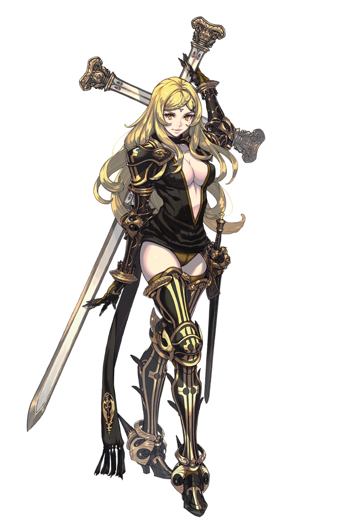 1girl, armor, blonde_hair, braid, breasts, cleavage, cross, drag-on_dragoon