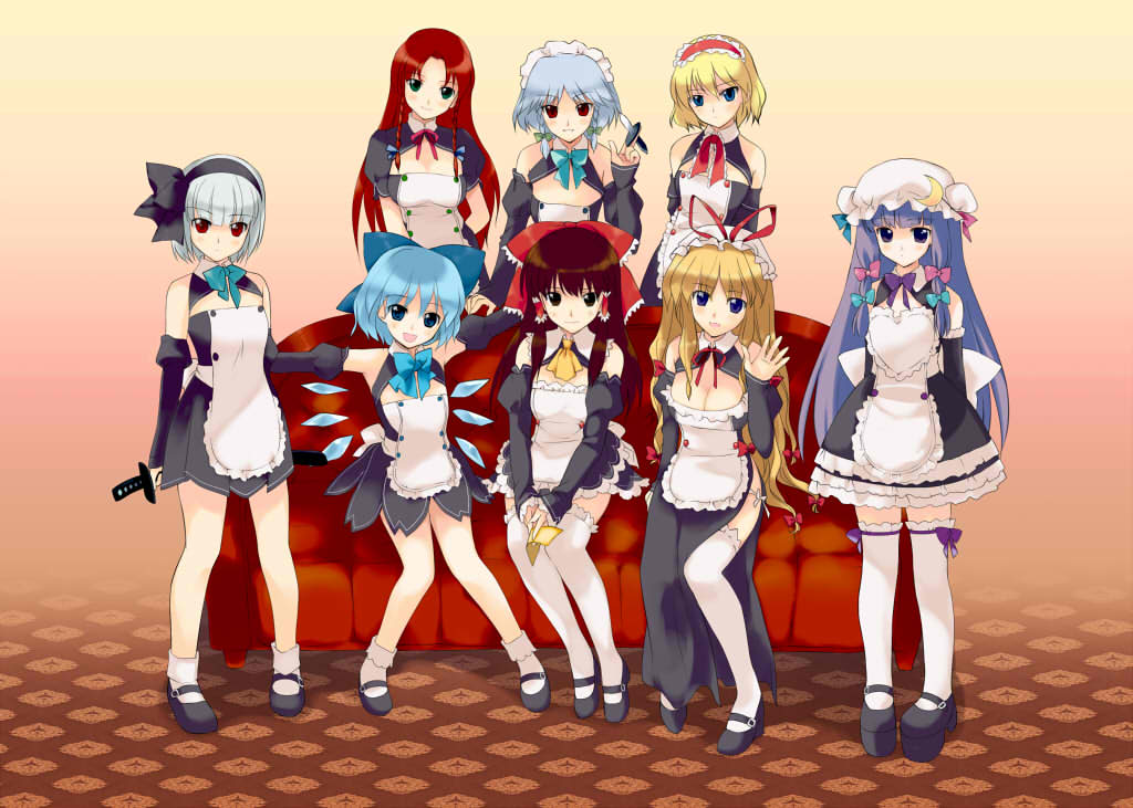 alice_margatroid, apron, blonde_hair, blue_hair, bow, brown_hair, cirno, dream_c_club, dream_c_club_(cosplay), grey_hair, hakurei_reimu, hat, hong_meiling, izayoi_sakuya, konpaku_youmu, patchouli_knowledge, purple_hair, rei_(rei's_room), sitting, thigh-highs, touhou, yakumo_yukari