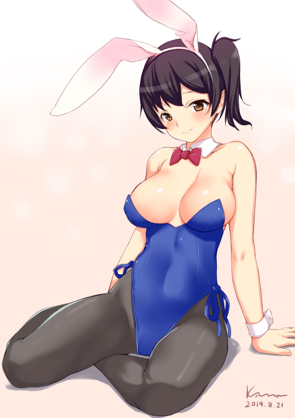1girl, animal_ears, black_legwear, breasts, brown_eyes, brown_hair, bunnysuit, cleavage