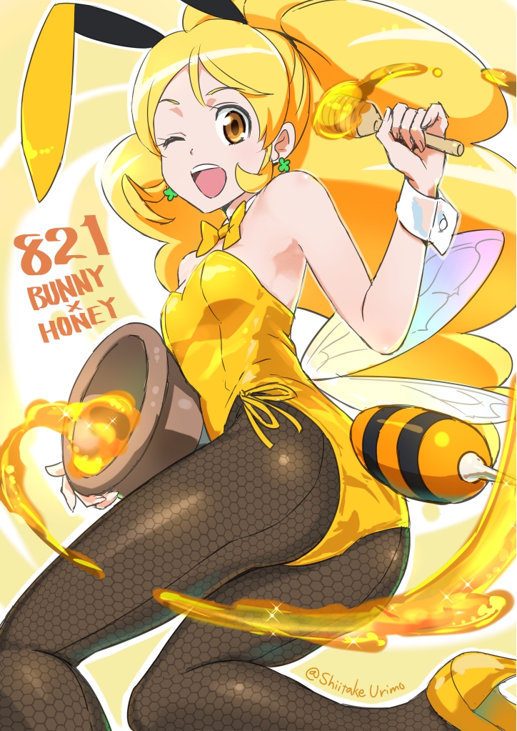 1girl, alternate_costume, antenna_hair, artist_name, bare_shoulders, bee_girl, blonde_hair, bowtie