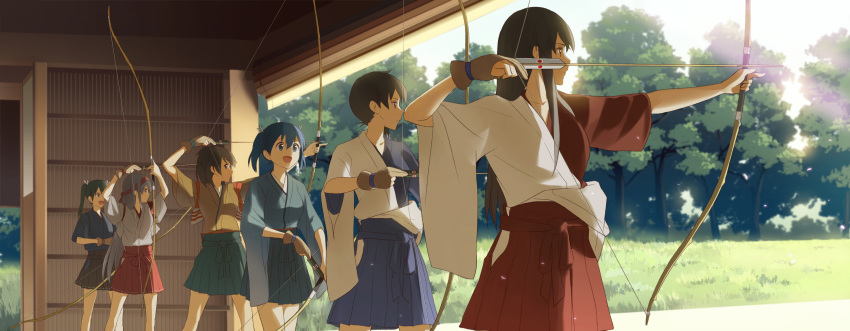 6+girls, akagi_(kantai_collection), archery, archery_dojo, arrow, blue_eyes, blue_hair, blue_skirt, bow_(weapon), brown_eyes, brown_gloves, brown_hair, brown_skirt, drawing_bow, gloves, green_skirt, grey_hair, hakama_skirt, headband, highres, hiryuu_(kantai_collection), japanese_clothes, kaga_(kantai_collection), kantai_collection, kisetsu, kyuudou, long_hair, multiple_girls, nature, pleated_skirt, red_skirt, short_hair, shoukaku_(kantai_collection), side_ponytail, silver_hair, single_glove, skirt, souryuu_(kantai_collection), tasuki, tree, twintails, weapon, yugake, zuikaku_(kantai_collection)