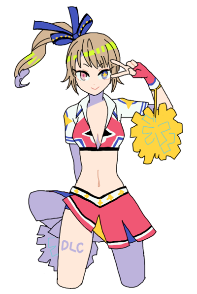 1girl, breasts, brown_hair, cheerleader, cleavage, crop_top, fingerless_gloves, ggk-kgr, gloves, hair_ribbon, heterochromia, kunoichi_(sengoku_musou), looking_at_viewer, midriff, navel, ribbon, sengoku_musou, side_ponytail, skirt, skirt_lift, smile, v, wind_lift