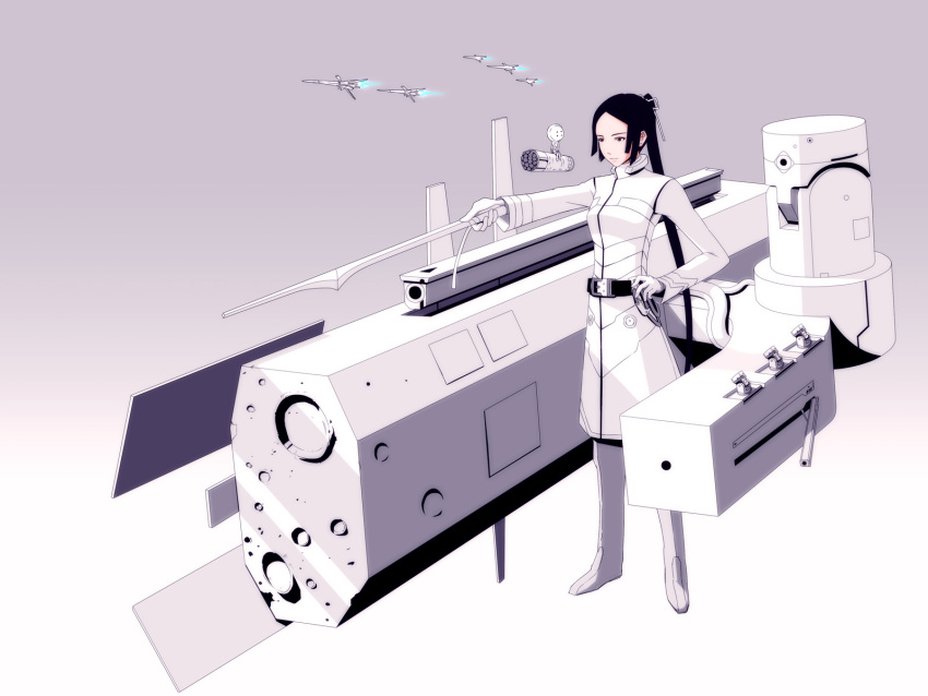 1girl, black_hair, crater, gloves, gradient, guardian_(mecha), highres, j-unit_(lilykiss)