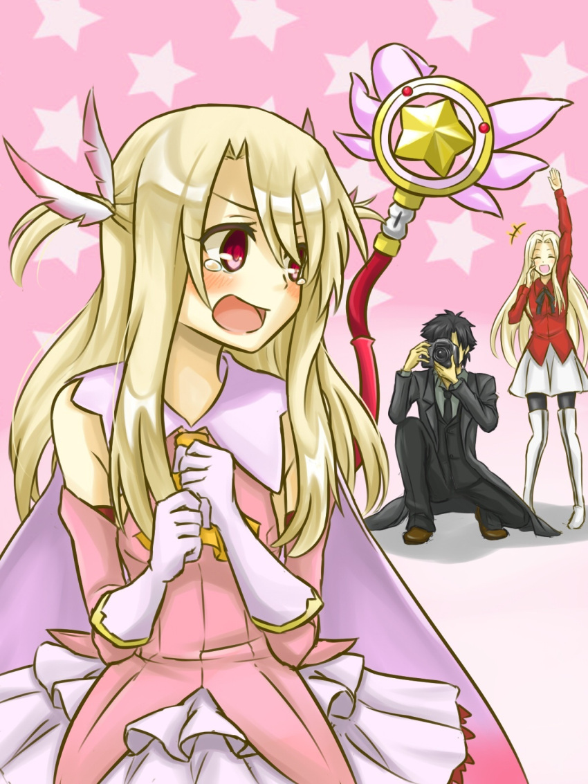 1boy, 2girls, air_punch, ascot, azuuru_(azure0608), black_hair, camera, emiya_kiritsugu, family, fate/kaleid_liner_prisma_illya, fate_(series), gloves, hair_ornament, highres, holding, illyasviel_von_einzbern, irisviel_von_einzbern, kneeling, light_brown_hair, long_hair, magical_girl, magical_ruby, multiple_girls, pleated_skirt, red_eyes, skirt, tears, white_gloves