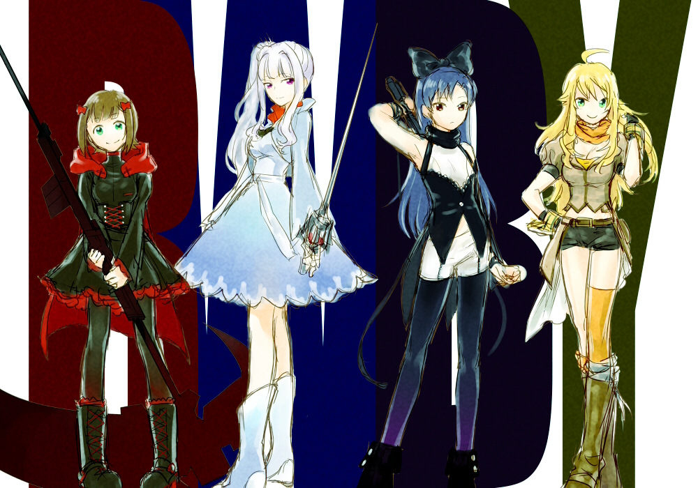 4girls, ahoge, amami_haruka, armpits, asymmetrical_legwear, besame-mucho, blake_belladonna, blake_belladonna_(cosplay), blonde_hair, blue_hair, boots, brown_eyes, brown_hair, green_eyes, hair_ribbon, hoshii_miki, idolmaster, kisaragi_chihaya, looking_at_viewer, multiple_girls, pantyhose, parody, rapier, ribbon, ruby_rose, ruby_rose_(cosplay), rwby, shijou_takane, side_ponytail, smile, sword, thigh-highs, violet_eyes, weapon, weiss_schnee, weiss_schnee_(cosplay), white_hair, yang_xiao_long, yang_xiao_long_(cosplay)