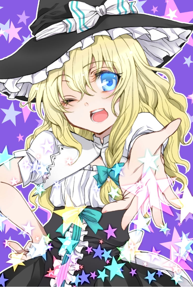 1girl, ;d, blonde_hair, blue_eyes, bow, hair_bow, hair_ribbon, hat