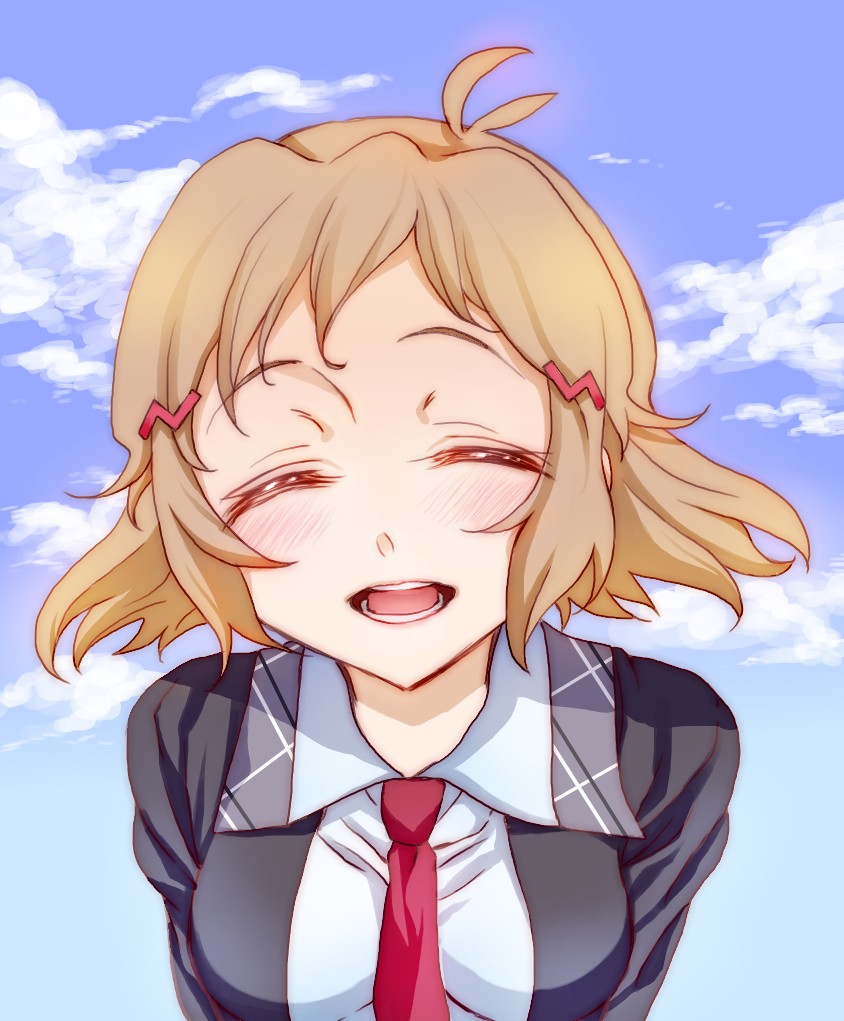 1girl, ^_^, ahoge, brown_hair, closed_eyes, hair_ornament, hairclip, looking_at_viewer