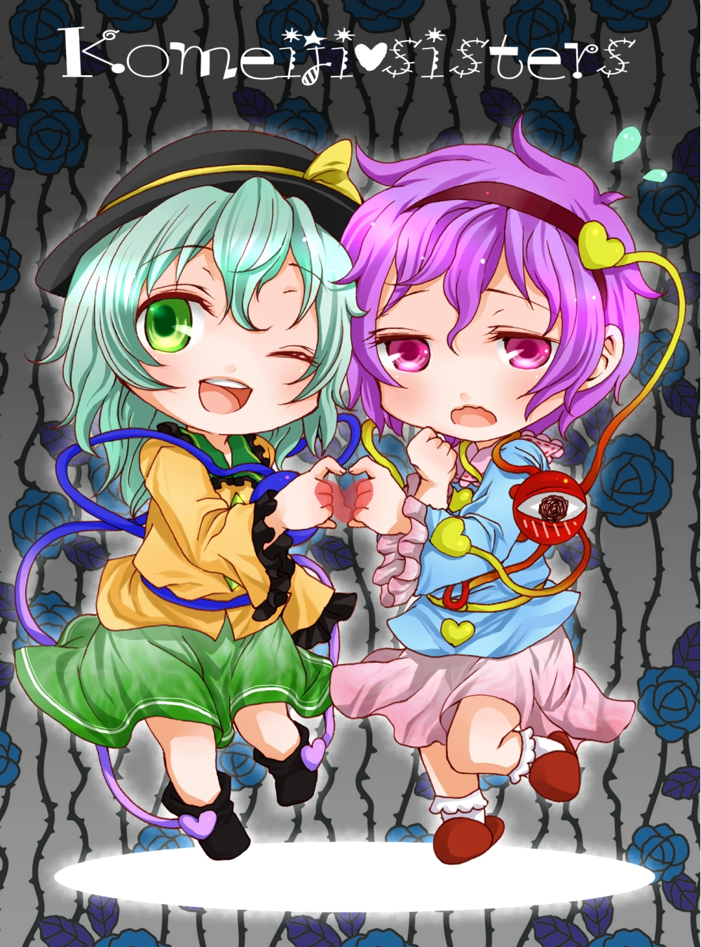 ;d, chibi, flying_sweatdrops, full_body, green_eyes, green_hair, hairband, hat