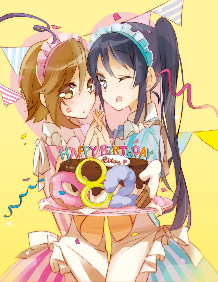 2girls, akiyama_mio, apron, black_eyes, black_hair, brown_eyes, brown_hair, cake