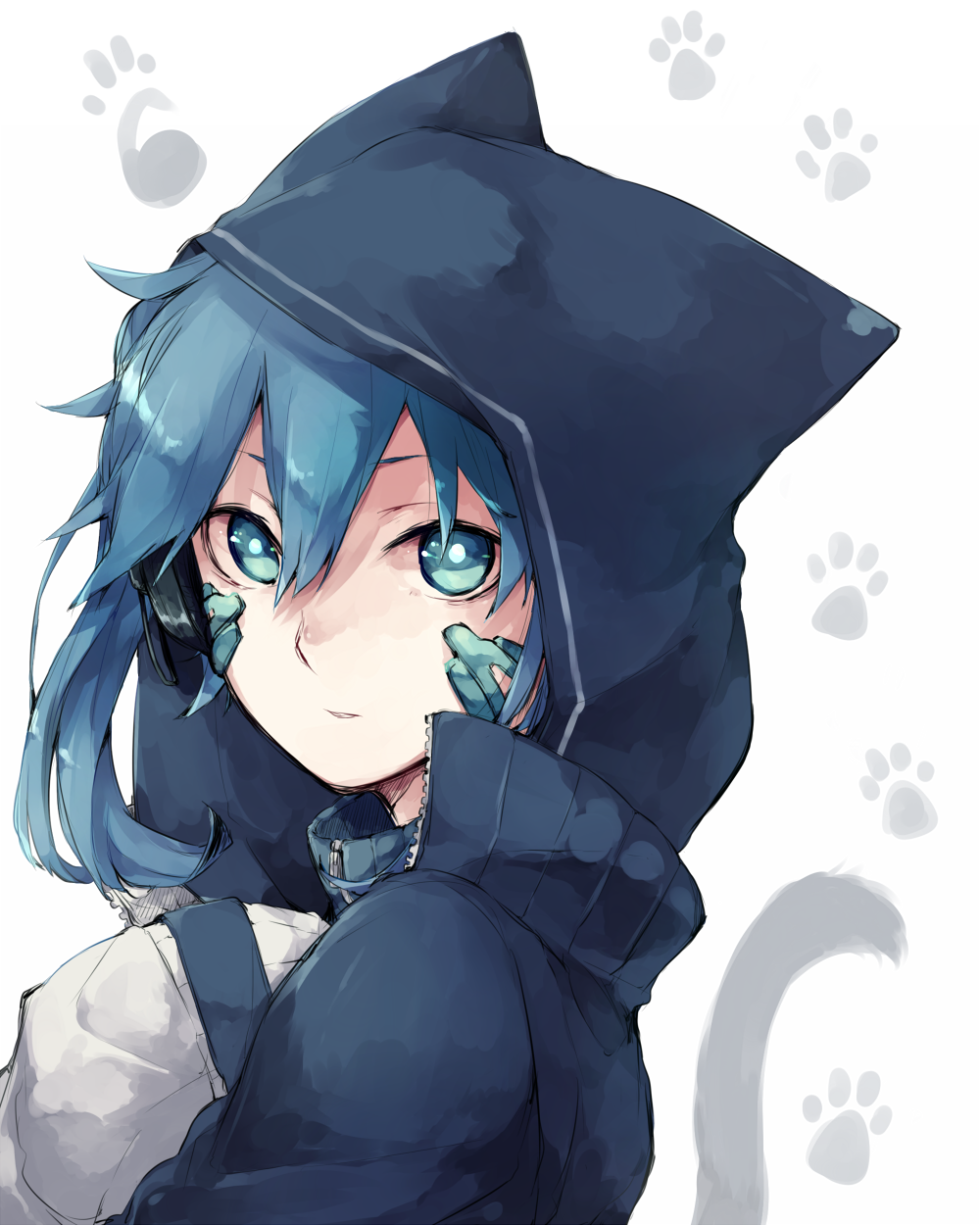 1girl, animal_hood, aqua_eyes, asuna_(doruru-mon), blue_hair, cat_hood, ene_(kagerou_project), highres