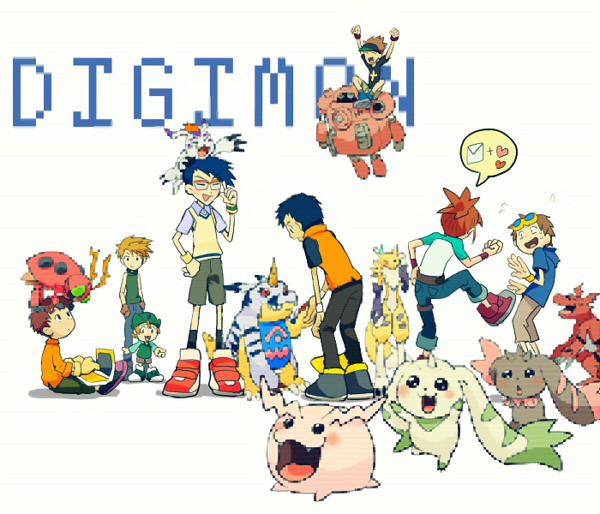 1girl, 6+boys, blonde_hair, blue_hair, brown_hair, computer, digimon, digimon_adventure