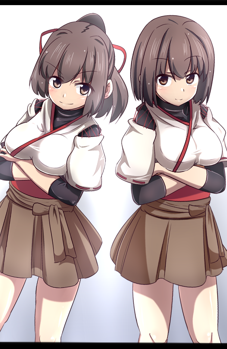 2girls, blouse, breasts, brown_eyes, brown_hair, crossed_arms, hard, hyuuga_(kantai_collection)