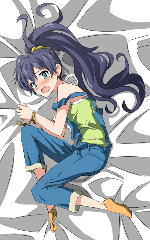black_hair, blue_eyes, eiraprpr, ganaha_hibiki, idolmaster, long_hair, lying, overalls
