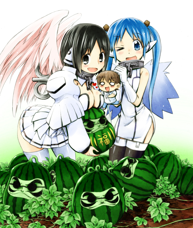 >_o, 3girls, :d, ;d, aioi_yuuko, black_eyes, black_hair, blue_eyes