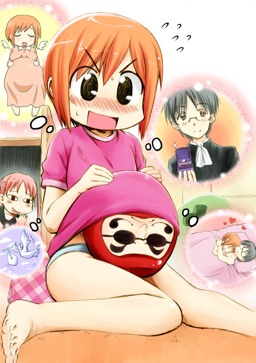 barefoot, bird, blush, closed_eyes, daruma_doll, fake_pregnancy, flying_sweatdrops, glasses, heart, imagining, naruse, nichijou, open_mouth, orange_hair, panties, proposal, sasahara_koujirou, short_hair, smile, sparkle, stork, tachibana_mihoshi, tachibana_misato, underwear