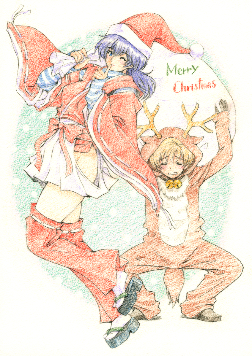 christmas, colored_pencil_(medium), cosplay, highres, kigurumi, sena_youtarou, tagme, traditional_media