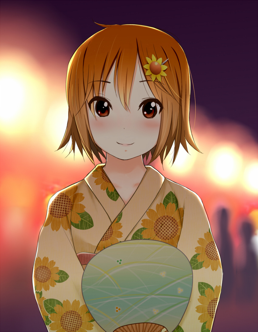 1girl, alternate_hairstyle, blush, brown_eyes, brown_hair, bust, collarbone, fan