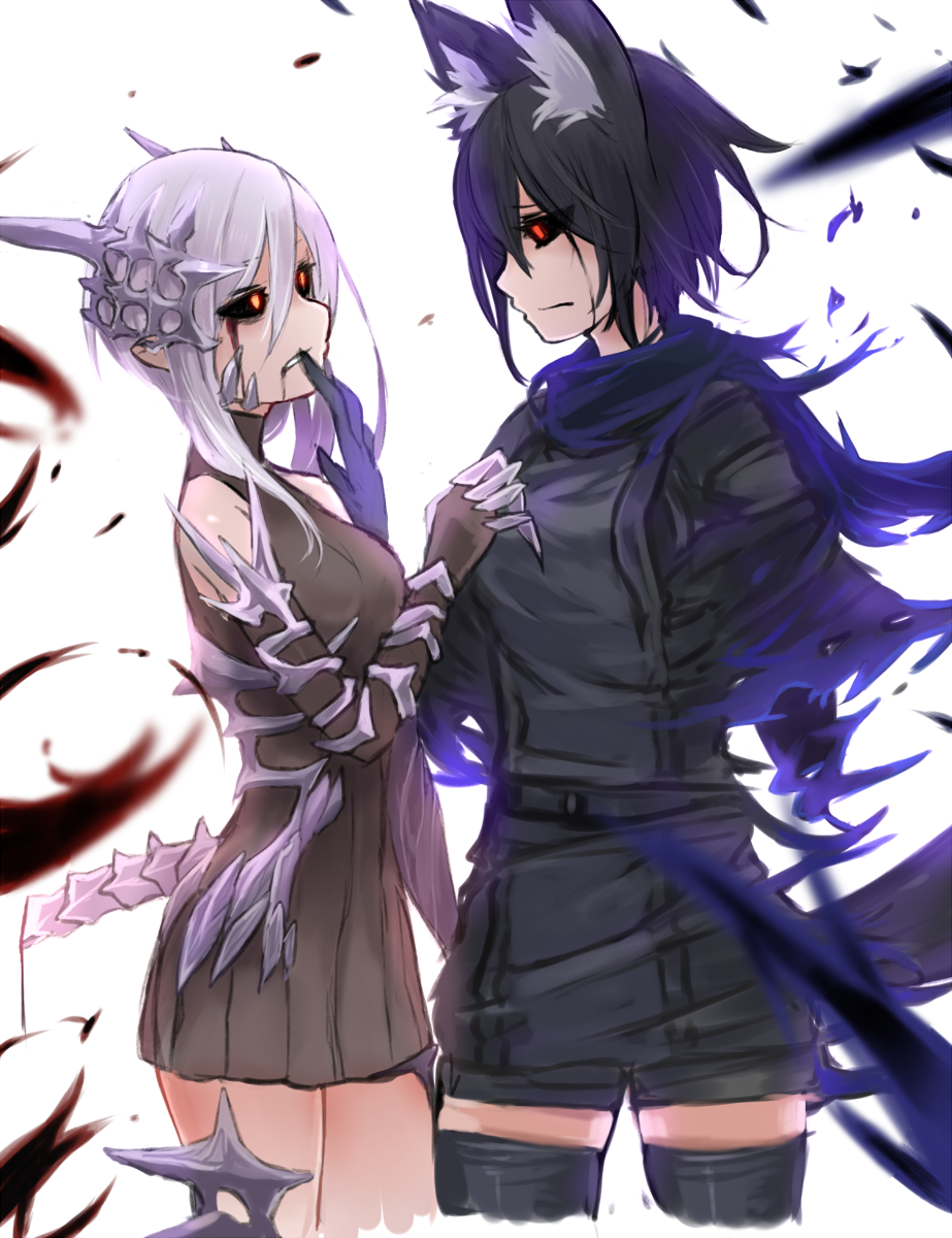 2girls, animal_ears, bare_shoulders, black_hair, black_legwear, black_sclera, blood, crying