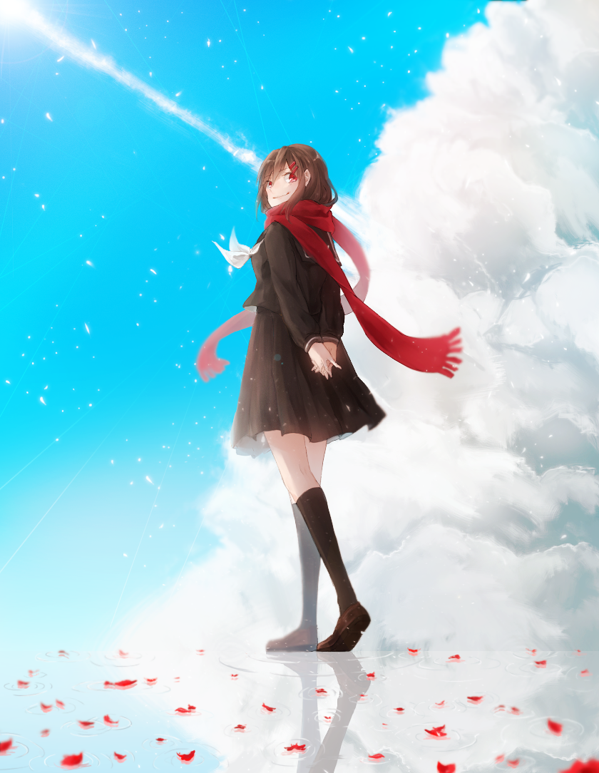 1girl, black_hair, clouds, hair_ornament, hairclip, kagerou_project, kokeshi_ya, long_hair, petals, red_eyes, scarf, school_uniform, serafuku, sky, solo, tateyama_ayano