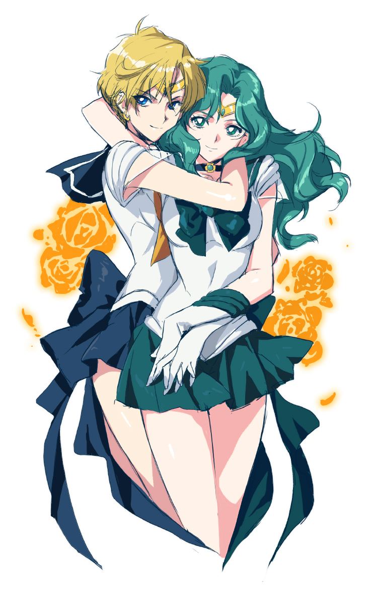 2girls, bishoujo_senshi_sailor_moon, blonde_hair, blue_eyes, blue_skirt, choker, gloves, green_eyes