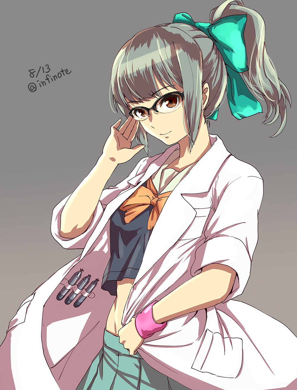 1girl, adjusting_glasses, bespectacled, bow, brown_eyes, covering_navel, dated, glasses, grey_hair, hair_bow, highres, infinote, kantai_collection, labcoat, midriff, ponytail, school_uniform, serafuku, short_hair, skirt, smile, solo, torpedo, twitter_username, wristband, yuubari_(kantai_collection)
