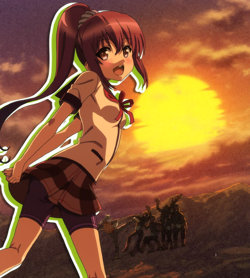 bike_shorts, brown_eyes, brown_hair, highres, jinsei, pleated_skirt, ponytail, school_uniform