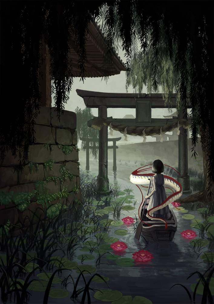1girl, animal, boat, flower, grass, lotus, moss, oarfish