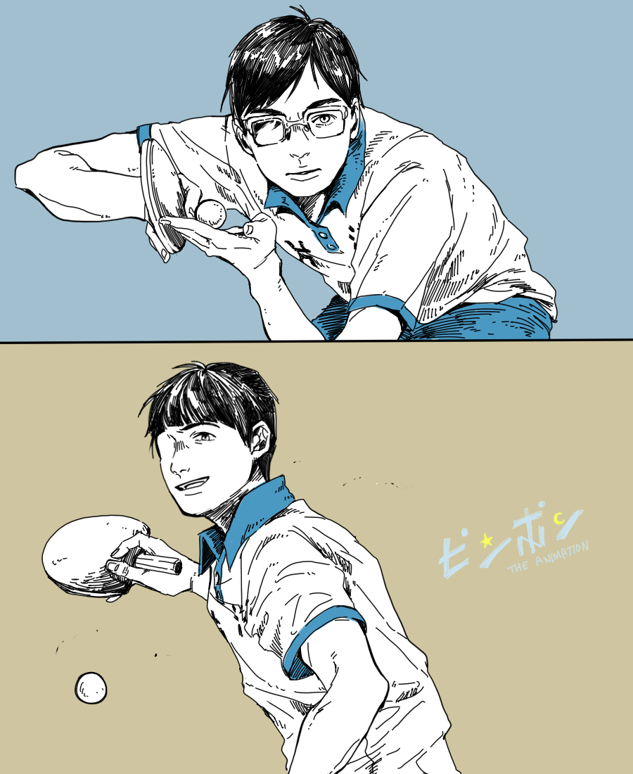 2boys, black_hair, celandine, copyright_name, english, hoshino_yutaka, multiple_boys, ping_pong_(manga), short_hair, simple_background, tagme, tsukimoto_makoto