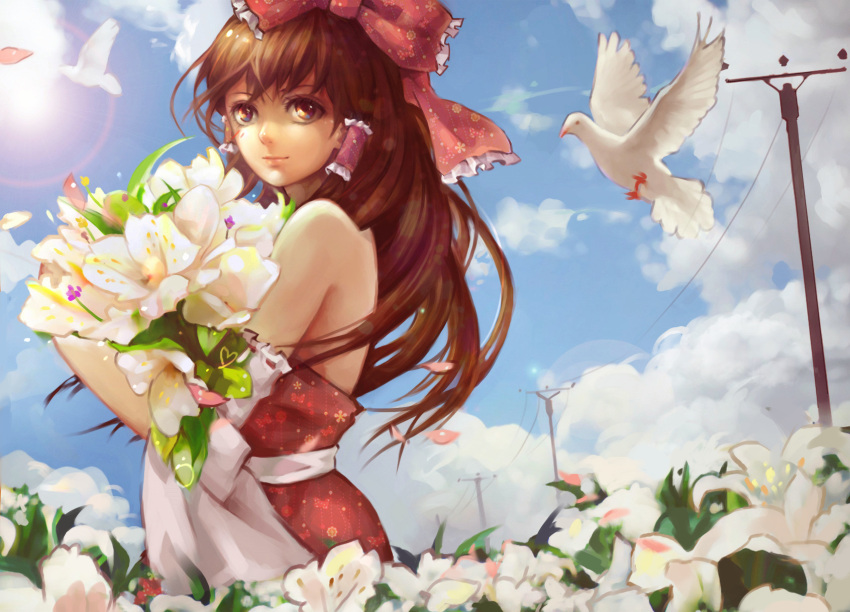 1girl, 2966441886, bird, bow, brown_eyes, brown_hair, dove, flower, hair_bow, hair_tubes, hakurei_reimu, highres, long_hair, smile, solo, touhou