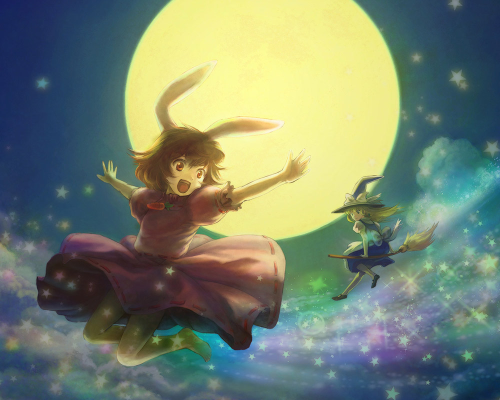 atsuko_k, barefoot, blonde_hair, broom, broom_riding, brown_hair, bunny_ears, full_moon