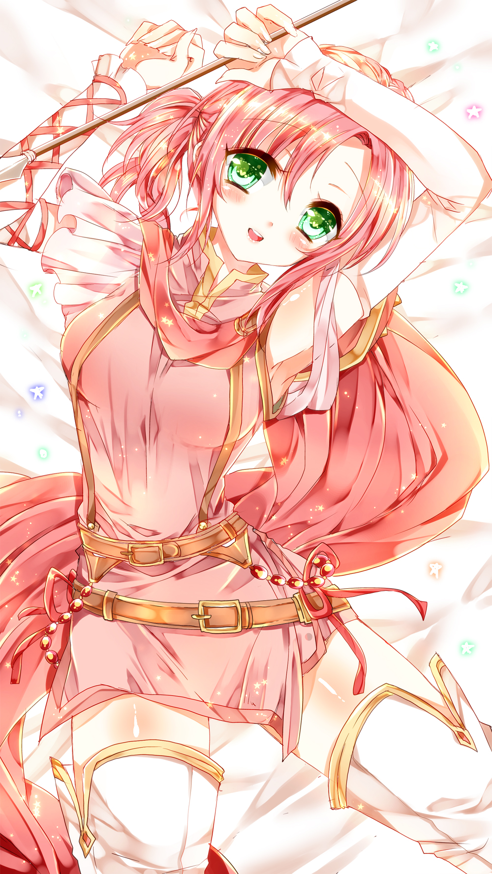 1girl, :d, armpits, arms_up, arrow, bariko, belt, boots