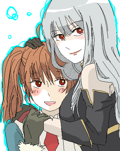 alicia_melchiott, brown_hair, hamdaiski, long_hair, red_eyes, selvaria_bles, senjou_no_valkyria, silver_hair, twintails