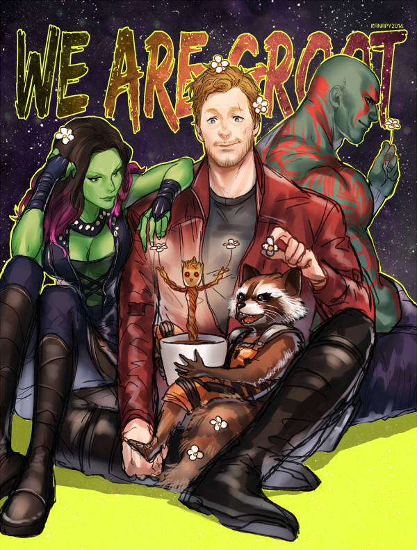1girl, 2boys, blue_eyes, boots, breasts, brown_hair, cleavage, drax_the_destroyer