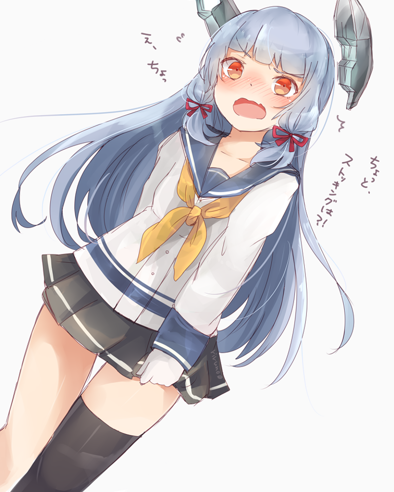 /\/\/\, 1girl, alternate_legwear, asymmetrical_legwear, bangs, black_legwear, black_skirt, blue_hair