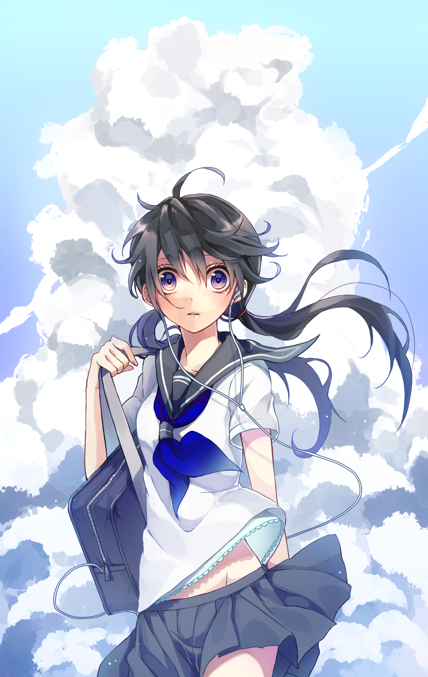 1girl, black_hair, clouds, earphones, highres, long_hair, looking_at_viewer, low_twintails