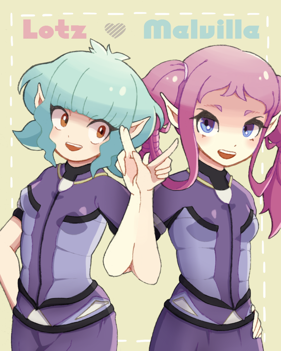2girls, aqua_hair, blue_eyes, breasts, character_name, cowboy_shot, faramu_diite, heart, highres, inazuma_eleven_(series), inazuma_eleven_go, inazuma_eleven_go_galaxy, multiple_girls, neoru_lotz, open_mouth, orange_eyes, pink_hair, pointy_ears, selen_melville, soccer_uniform, sportswear, twintails
