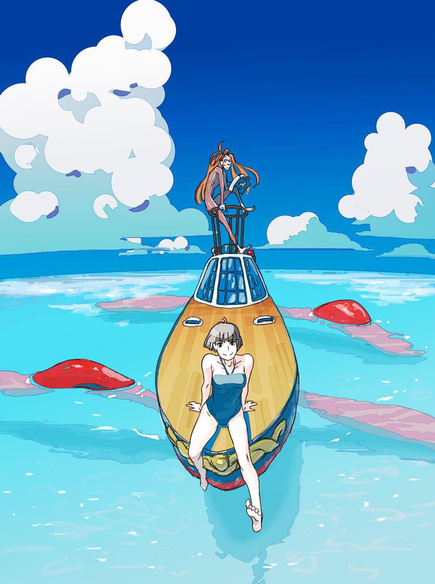 1boy, 1girl, arm_support, bare_shoulders, barefoot, black_hair, blue_swimsuit, boat
