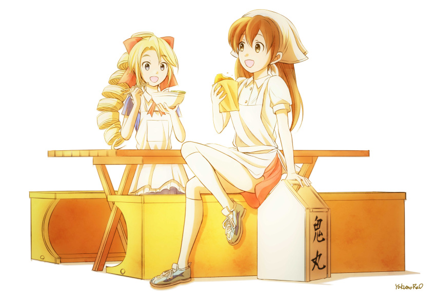 2girls, absurdres, apron, black_eyes, blonde_hair, bow, bowl, brown_eyes