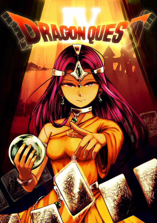 1girl, ansung, asymmetrical_clothes, bracelet, card, choker, circlet, copyright_name, cowboy_shot, crystal_ball, dark_skin, dragon_quest, dragon_quest_iv, dress, earrings, jewelry, light_smile, long_hair, looking_at_viewer, minea, purple_hair, single_sleeve, solo, standing, violet_eyes