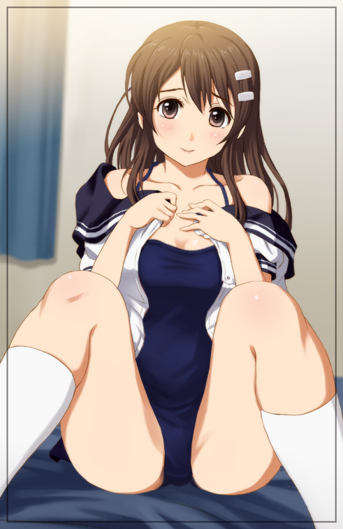 1girl, blush, breasts, brown_eyes, brown_hair, collarbone, hair_ornament, hairpin