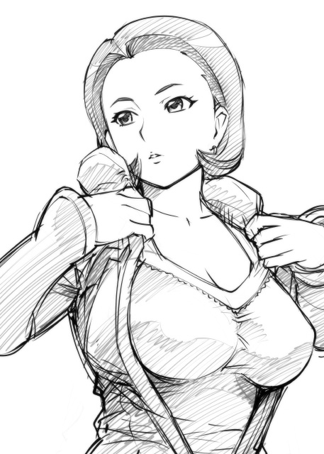 1girl, breasts, captain_earth, cleavage, collarbone, earrings, jewelry, large_breasts, monochrome, parted_lips, short_hair, sketch, solo, ueyama_michirou, undressing, uniform, yomatsuri_tsubaki