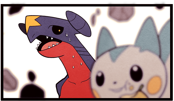 black_border, blurry, border, depth_of_field, eating, garchomp, gojya, open_mouth, pachirisu, pokemon, pokemon_(creature), simple_background, sweatdrop, white_background