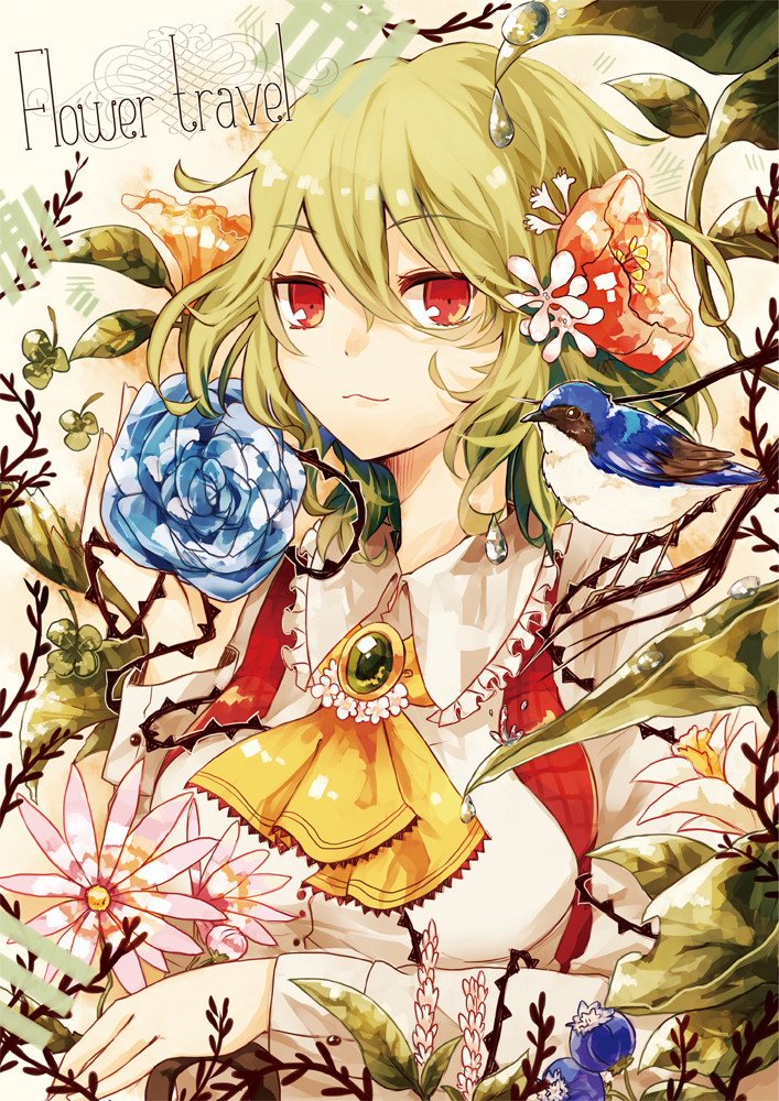 1girl, ascot, bird, close_up, flower, green_hair, kaio_(watagami), kazami_yuuka