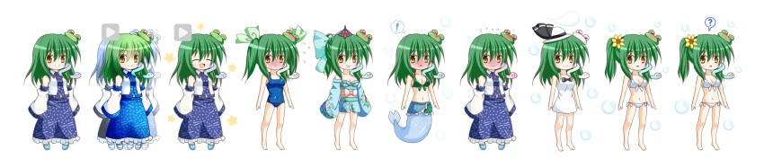 >_<, 1girl, ?, ^_^, afterimage, alternate_hairstyle, bare_shoulders, blue_swimsuit