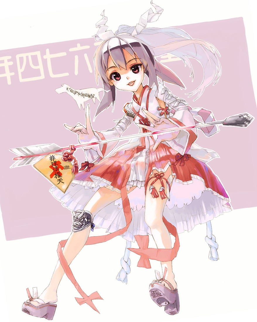 1girl, arrow, floating, hair_ribbon, japanese_clothes, knife, long_hair, looking_at_viewer
