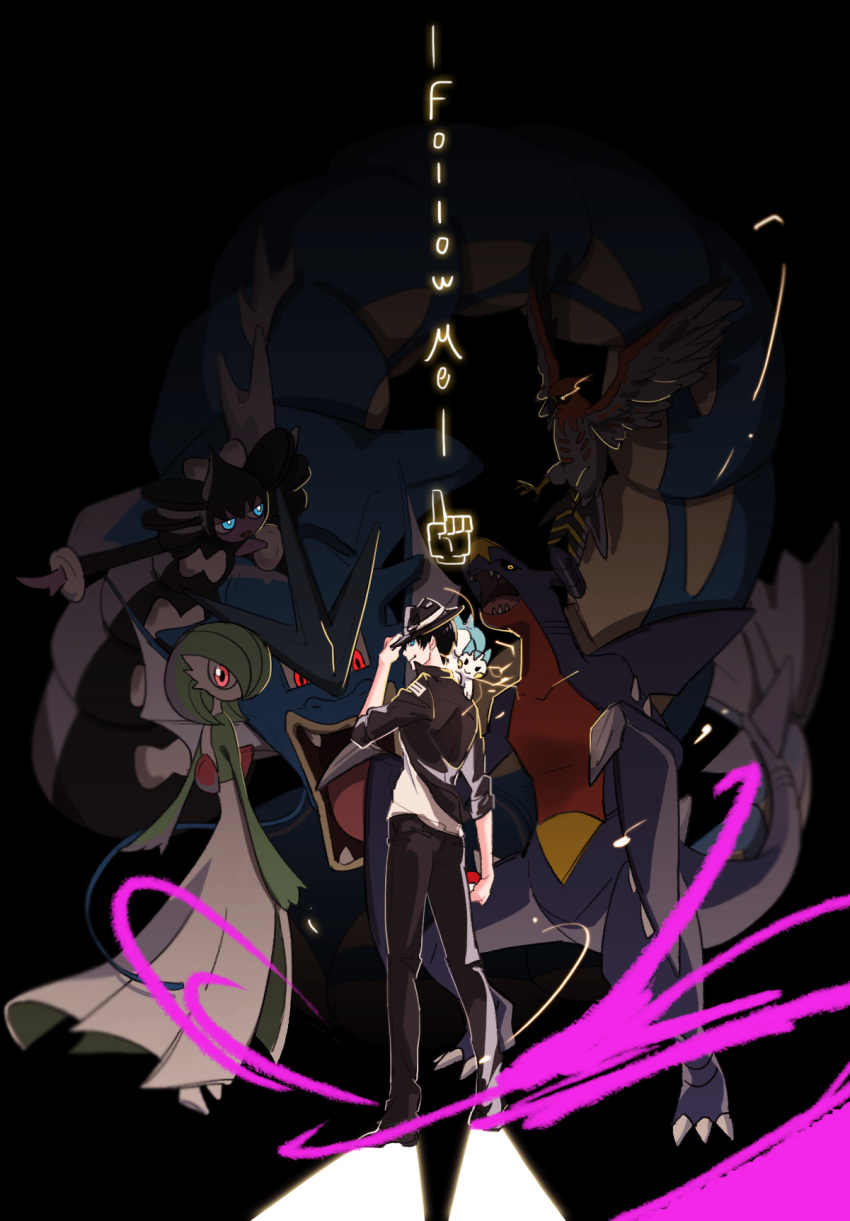 1boy, adjusting_clothes, adjusting_hat, black_hair, calme_(pokemon), dark, electricity, english