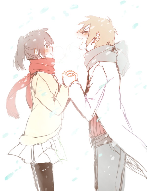 1boy, 1girl, black_hair, blush, brown_hair, closed_eyes, confession, couple