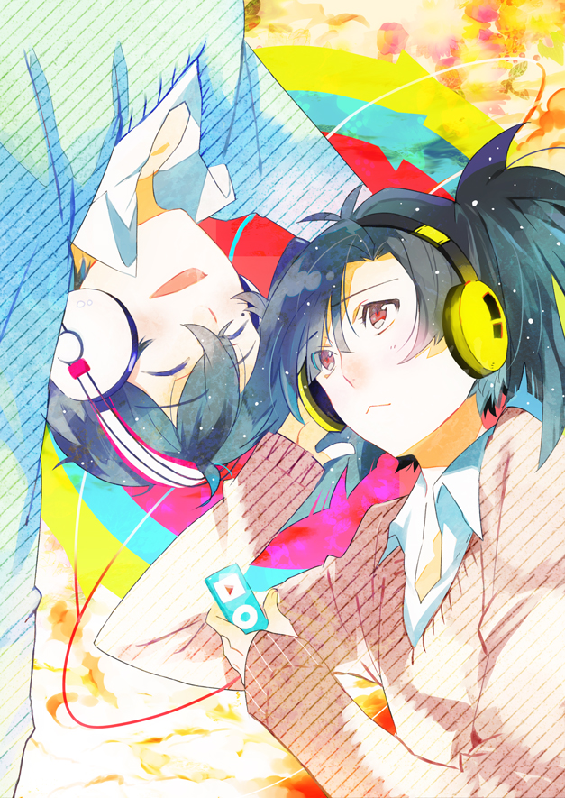 1boy, 1girl, black_hair, closed_eyes, digital_media_player, enomoto_takane, headphones, kagerou_project