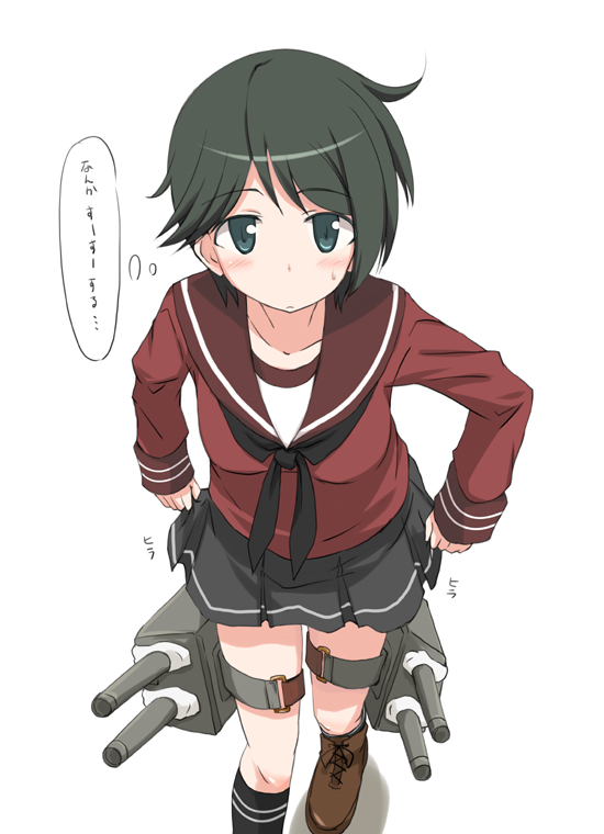 1girl, alternate_bottom_wear, alternate_costume, black_hair, kantai_collection, kugui_kiyunemu, long_sleeves, mogami_(kantai_collection)