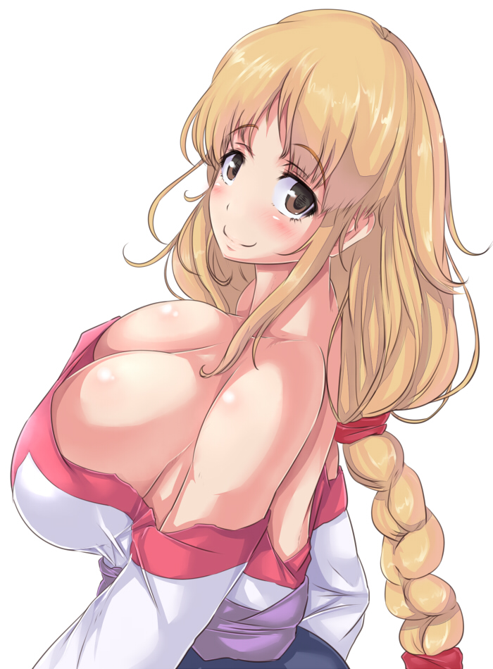 1girl, arc_the_lad_ii, bare_shoulders, braid, breasts, brown_eyes, brown_hair, cleavage